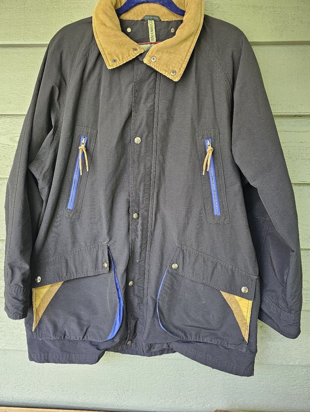 Vintage Brambilla Overcoat Men's Black Jacket Tan Corduroy Collar Hoodie Size M